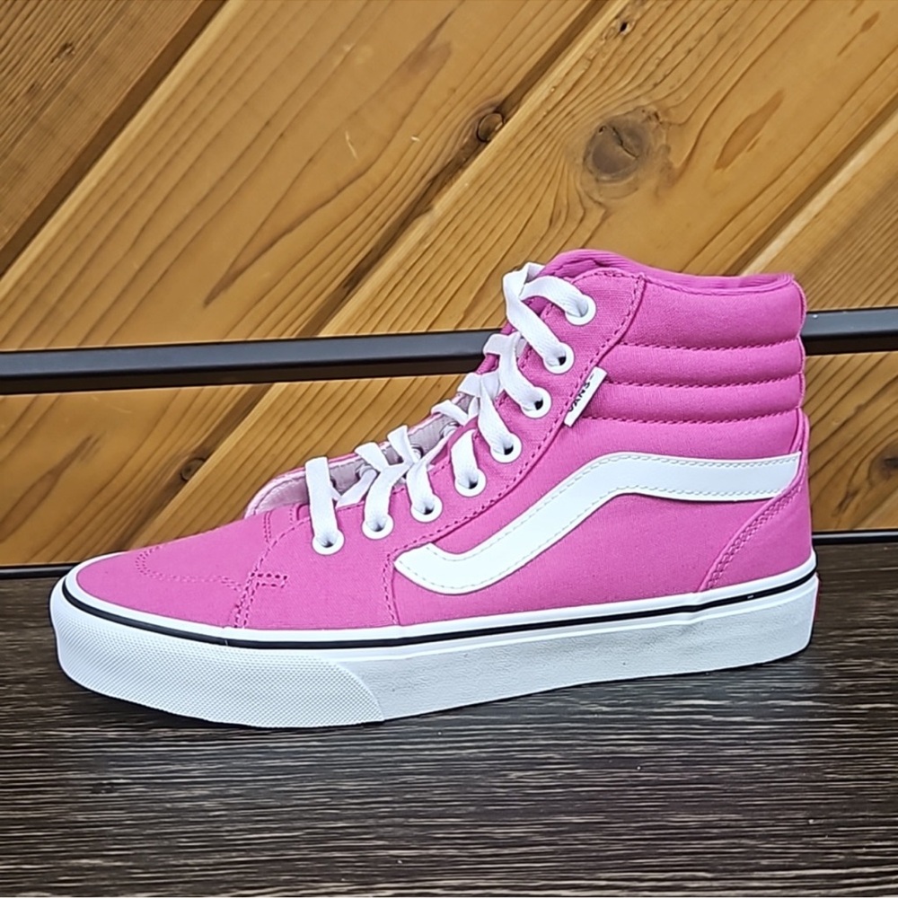 Vans Women's Pink and White High-Top Sneakers